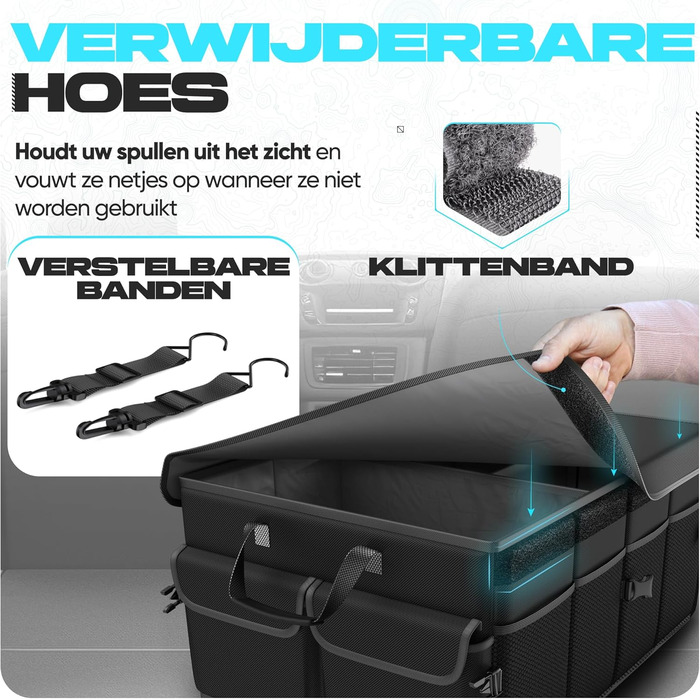 Органайзер для багажника FORTEM, сумка для багажника, складаний автомобільний органайзер з відділеннями, нековзним дном, регульованими ременями фіксації та відкидним кришкою (Чорний) Середній