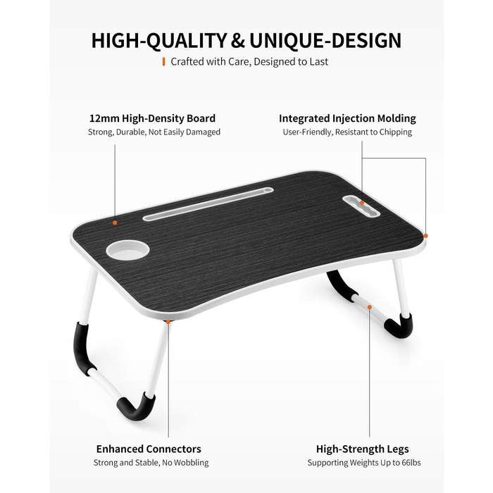Складаний столик для ноутбука, портативний стіл на коліна, приліжкова тумбочка, підставка для ноутбука з тримачем для напоїв, слотом для планшета та ручкою для перенесення для роботи, письма, малювання та їжі (чорний)