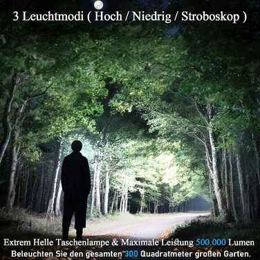 Акумуляторний світлодіодний ліхтарик, 500 000 люмен, надзвичайно яскравий ліхтарик з акумулятором 5000 мАг та РК-дисплеєм живлення, 3 режими освітлення, можливістю масштабування, для кемпінгу та використання на природі, матово-чорний