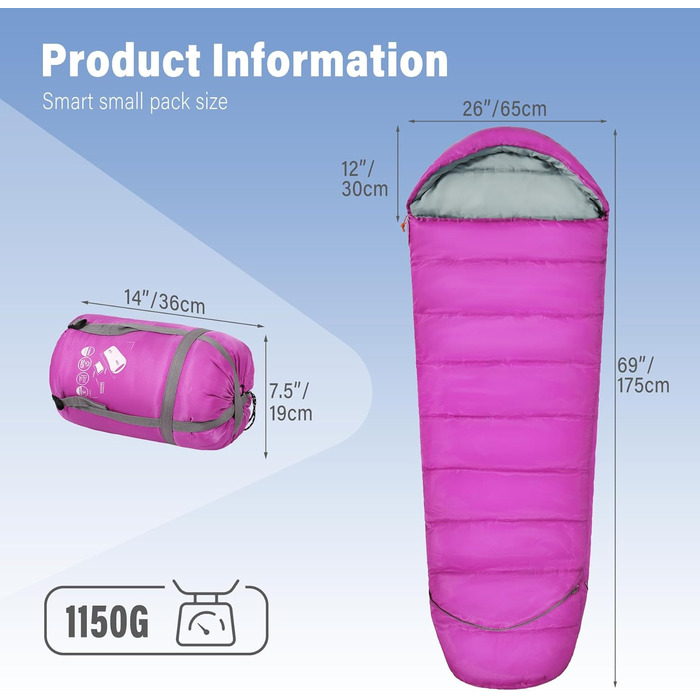 Дитячий спальний мішок REDCAMP для хлопчиків та дівчаток 175 x 65 см, матусин спальний мішок, зручний, легкий та теплий з регульованою довжиною, 3 сезони, підходить для кемпінгу та активного відпочинку, синій/рожевий