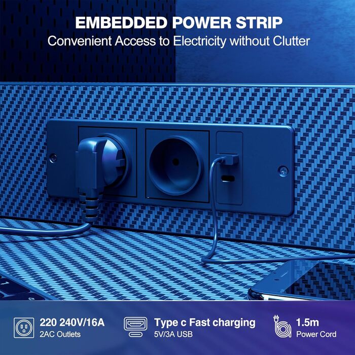 Ігровий стіл Grandder, 120x50 см, ігровий стіл з розеткою та світлодіодним освітленням, комп&39ютерний стіл з двосторонніми полицями та шухлядою, ПК-стіл для домашнього офісу з відділенням для зберігання, чорний колір під карбон 120 x 50 см, чорний