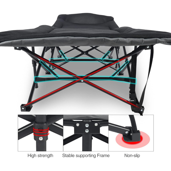 Складане туристичне ліжко з наматрацником для дорослих, XXL 190 x 71 x 38 см, Складане туристичне ліжко з матрацом для кемпінгу, саду, використання в приміщенні та на вулиці, чорне