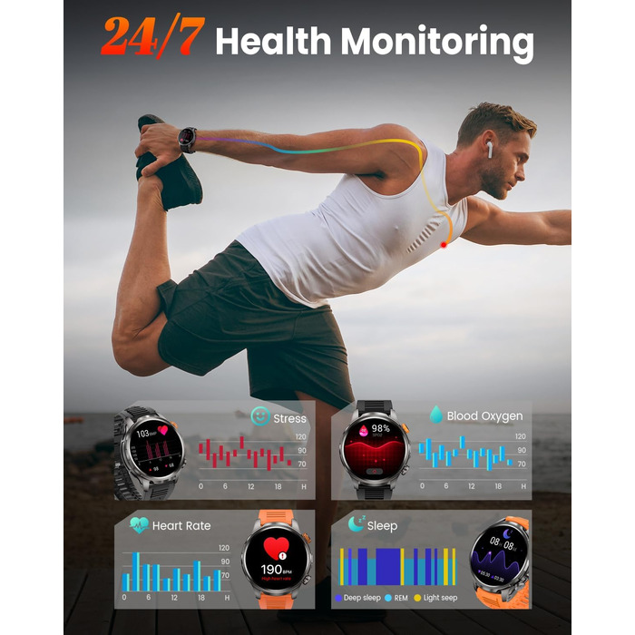 Чоловічий смарт-годинник з акумулятором 1000 мАг/світлодіодним ліхтариком, 1,91-дюймовий AMOLED 5ATM смарт-годинник військовий фітнес-трекер з функцією телефону, 113 спортивних режимів, спортивний годинник/цілодобовий монітор серцевого ритму/монітор сну/S