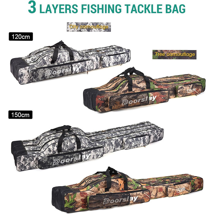 Шарова сумка для риболовлі doorslay, портативна сумка для риболовлі, сумка для вудки, складна сумка для вудки, чохол для вудки, дорожня сумка для зберігання рибальських снастей, 120/150 см (опція) City Camouflage 120 см, 3-