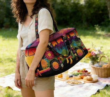 Дорожня сумка TIAASTAP Hippie Van VW Bulli - барвиста богемна стьобана сумка для вихідних зі знаком миру та ромашками, стьобана дорожня сумка, сумка для кемпінгу для свят, карнавалу та вечірок 3