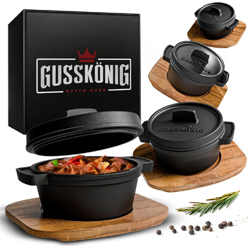 Набір голландської печі GUSSKNIG Mini з дерев'яною підставкою - 4 чавунні міні-горщики по 300 мл з кришкою - запечена міні-голланд