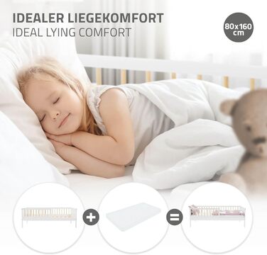 Дитяче ліжко ML-Design 80x160 см Біло-Натуральний, Односпальне ліжко для дітей з рейковою основою та захистом від падіння, Дитяче ліжко з сосни, Дерев&39яний каркас ліжка для хлопчиків та дівчаток, Дитяче ліжко з масиву дерева, Ліжко для малюків 80 x 160 