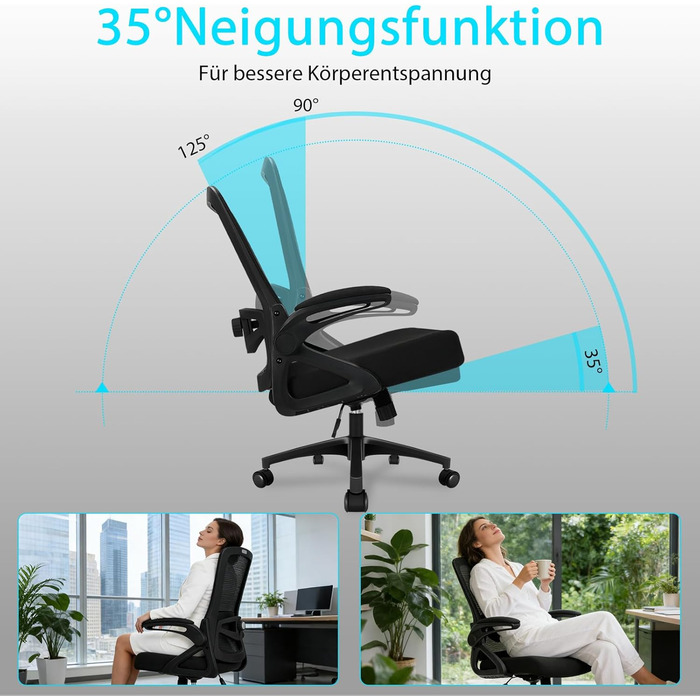 Ергономічне офісне крісло, робоче крісло з регульованою 4D поперековою опорою, обертове крісло зі складними підлокітниками, комп&39ютерне крісло з функцією нахилу 90-125, сітчасте крісло до 130 кг, чорне