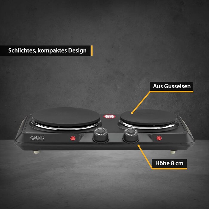 Подвійна конфорка TZS First Austria 2500 Вт Чавунні варильні поверхні 180/150 мм Ручне керування Металевий корпус мобільний для кемпінгу та подорожей Чорний
