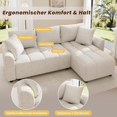 Місний диван BTM, розкладний L-подібний кутовий диван з 2 шениловими подушками, шезлонг, L-подібний диван для вітальні, бежевий S4beige, 3-