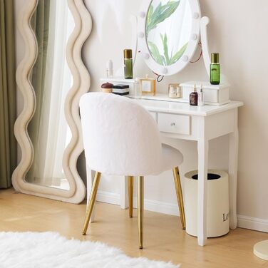 Крісло-туалет, крісло для вітальні, крісло для читання, з регульованими золотими ніжками та подушкою-бантом, імітація кролячого хутра (білий)