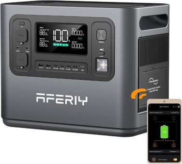 Портативна електростанція AFERIY потужністю 1200 Вт, LiFePO4 акумулятор ємністю 1008 Втгод та швидка зарядка за 1,2 години, 12 розеток, функція ДБЖ, чиста синусоїда 230 В, мобільний блок живлення з додатком для кемпінгу на природі, саду та надзвичайних си