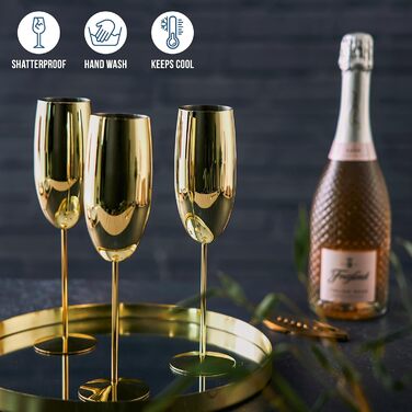 Дуб та сталь - 4 келихи з нержавіючої сталі для ігристого вина, шампанського та просекко (285 мл) - золотий - міцний та небиткий -