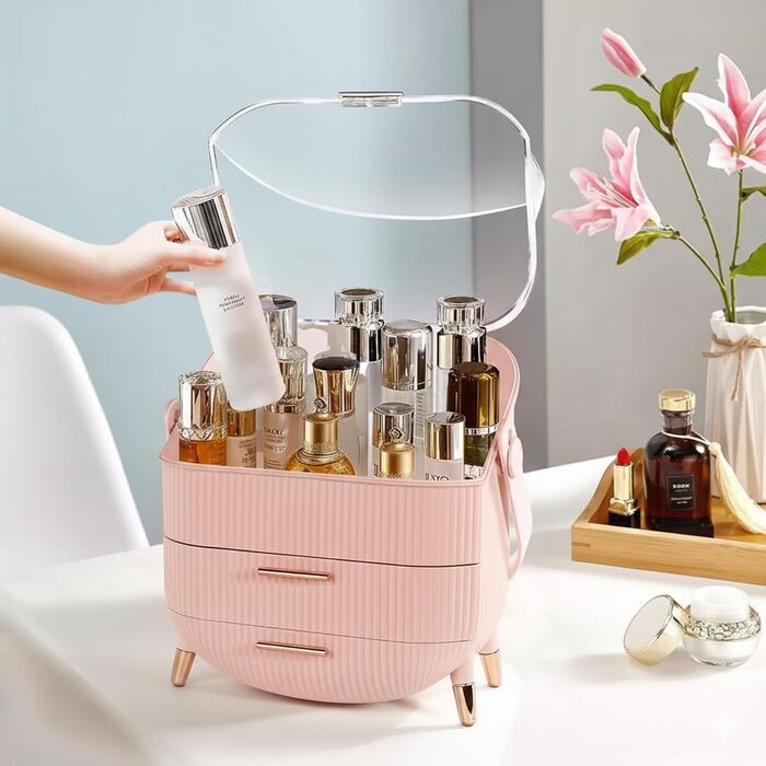 Органайзер для макіяжу, органайзер для догляду за шкірою для туалетного столика, портативна вітрина для косметики, скринька для макіяжу для гуртожитку, ванної кімнати, комода, коробка для зберігання косметики (рожевий)