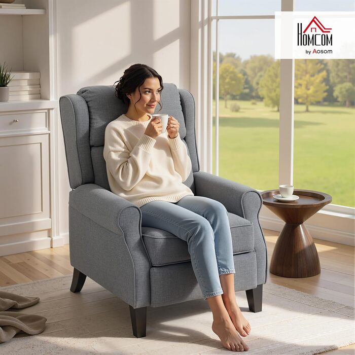 Крісло-рекламо HOMCOM 132 max з підставкою для ніг та пружинами кишенькового типу, м&39яке крісло з лляним ефектом, сталь та дерево, 74x84x102 см, сірий