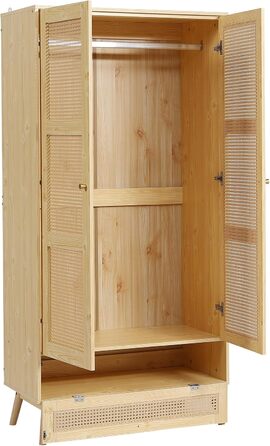 Шафа Moimhear з рейкою для вішалок, 2-дверна шафа, спальня, сітка з ротанга, вітальня, з нижньою відкидною кришкою, ДСП ПЕ ротанг, натуральний колір