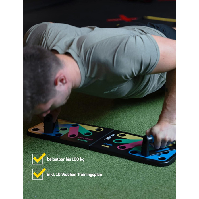 Дошка для віджимань від грудей JELEX Tornado, багатофункціональна фітнес-дошка, 64 см x 19 см, включаючи 10-тижневий план тренувань із суперсетами/посібник тренера (ABS-пластик) з протиковзкими накладками