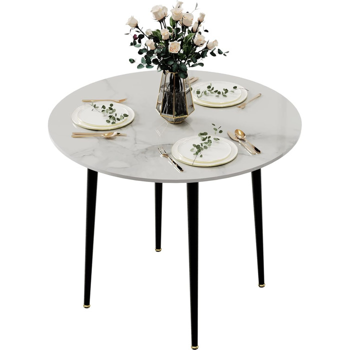 Круглий обідній стіл FATIVO, мармур, 80 см, невеликий кухонний стіл для 2 осіб, білий глянцевий, скандинавський стиль, обідній стіл для ресторанів, металеві ніжки