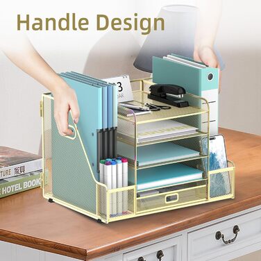 Настільний органайзер SUPEASY Grid з тримачем для файлів, 5-шаровий лоток для паперу та листів з тримачем для журналів, настільний органайзер та місце для зберігання з шухлядою, золотистий