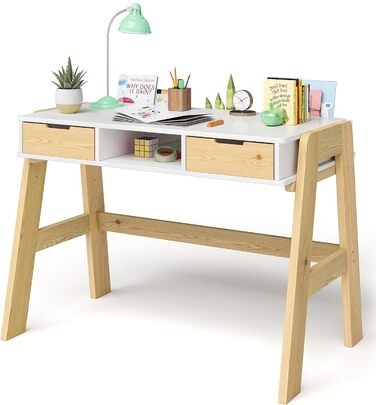 Дитячий письмовий стіл Bellabino Campo регульований по висоті з дерева в білому/натуральному кольорі з 2 шухлядами, 1 полицею і 3