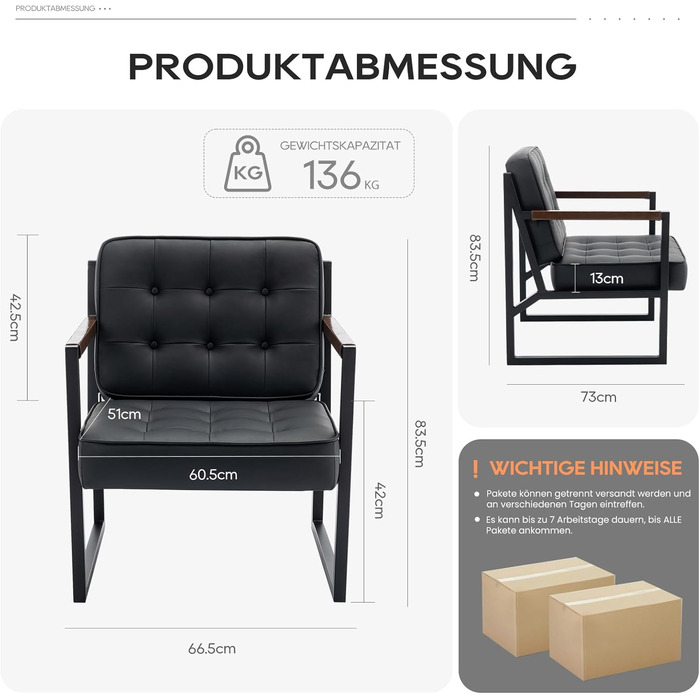 Крісло COLAMY з відкидною спинкою, крісло для вітальні, шкіряне крісло-акцент, сучасне крісло зі штучної шкіри середини століття з металевими ніжками для вітальні, спальні, приймальні, кімнати очікування, чорне 2