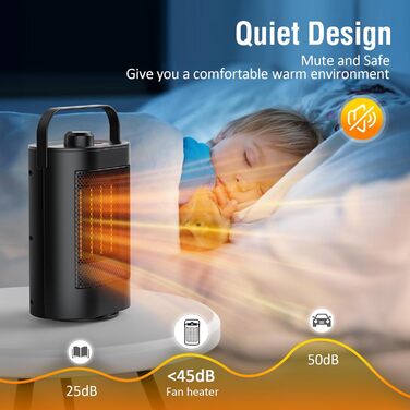 Енергозберігаючий та тихий електричний вентилятор-обігрівач - керамічний нагрівальний елемент PTC потужністю 1500 Вт, 3 швидкості, захист від перегріву/перекидання, невеликий вентилятор-обігрівач для ванної кімнати, кімнати, офісу, спальні, чорний