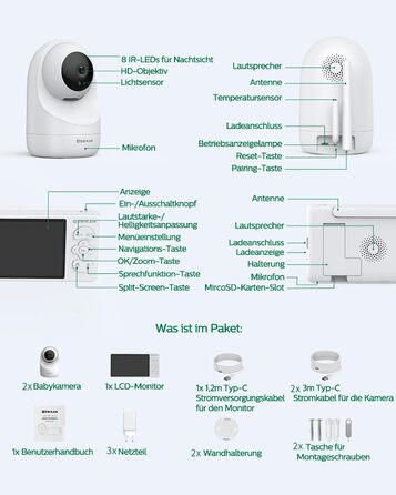 Дюймовий радіоняня Sebikam з 2 камерами, екран HD 720P, відеоняня, батарея 4000 мАг, відеоняня PTZ 355, режим VOX, нічне бачення,