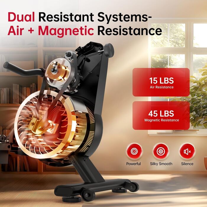 Домашній гребний тренажер, гребний тренажер з пневматичним та магнітним опором з 10 рівнями опору, велотренажер для користувачів до 158 кг, тиха подвійна рейка, світлодіодний монітор Bluetooth з тримачем для планшета, чорний BW7