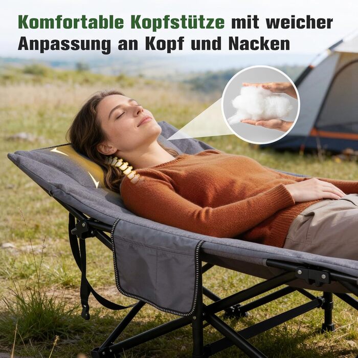 Розкладне кемпінгове ліжко Sekey з подушкою та бічною кишенею, до 190 x 71 x 36 см, надзвичайно широка спальна поверхня, кемпінговий шезлонг/шезлонг для використання на вулиці та в приміщенні ідеально підходить для саду, кемпінгу, фестивалів та подорожей,