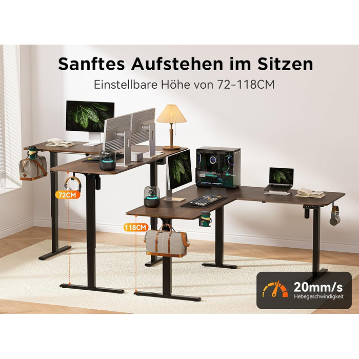 Подібний електричний стіл з регульованою висотою, 190 x 150 см, кутовий стіл, регульована висота, комп&39ютерний стіл з можливістю роботи сидячи та стоячи з органайзером для кабелів для офісу, ігровий, чорний горіх, 190 x 150 см