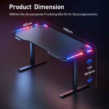 Стіл з регулюванням висоти 140 x 60 см, ігровий стіл зі світлодіодним освітленням, електричний стіл, стіл для роботи сидячи та стоячи з вуглецевим волокном, електричний комп&39ютерний стіл з 3-функційною пам&39яттю, чорний