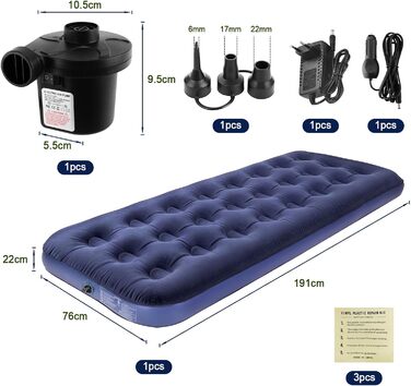 Комплект самонадувних надувних матраців Anesty, кемпінговий надувний матрац для 1 особи з вбудованим повітряним насосом, портативний надувний матрац, ідеально підходить для подорожей, активного відпочинку та гостей