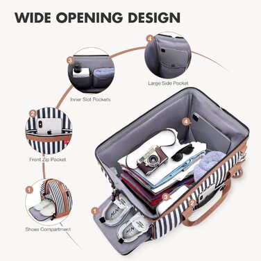 Жіноча дорожня сумка Lekesky, середня сумка для вихідних з відділенням для взуття, дизайн з широким отвором, лікарняна сумка об&39ємом 43 л для пологів, подорожей, авіаперельотів, роботи, пляжу або відпочинку (синя смужка) 43 л синя смужка