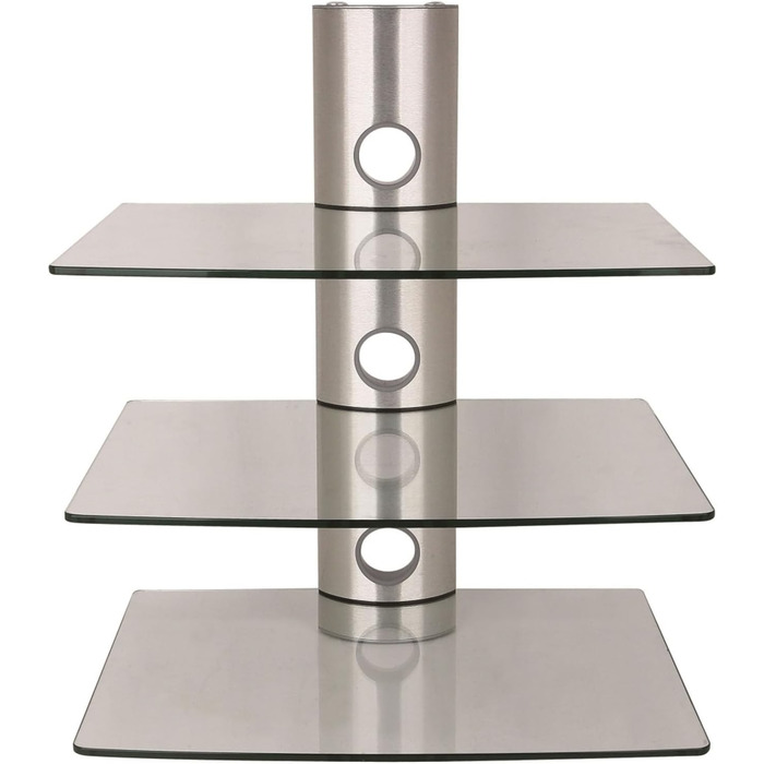 Підвіс для полиці NEG HiFi 503S, консольна стійка HiFi, настінна полиця, плаваюча (срібляста), з 3 великими скляними полицями (прозора) та системою організації кабелів, сріблястий, 3 полиці