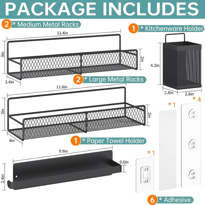 Настінний набір із 6 підставок для спецій Kmise, високоміцні клейкі підвісні кошики з тримачем для паперових рушників, кошик для столових приборів, нержавіючий органайзер для спецій без свердління для шафи, дверцят комори, кухонне сховище, 6 предметів вел