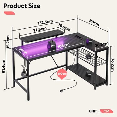 Г-подібний письмовий стіл Bestier 132 см з розетками та світлодіодним підсвічуванням, двосторонній кутовий стіл з полицями, велике