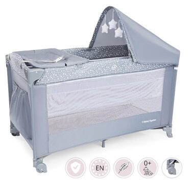 В 1 Дорожнє ліжечко-манеж для малюків Basic Plus, 2 матраци (верхній 0-6 місяців, нижній 6-36 місяців), Складана, Сумка для перенесення, Сірий, 2