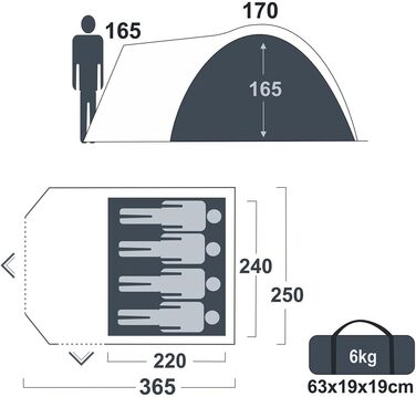 Намет Cetona 4 особи 170 см Купольний намет Вітальня Бічний вхід Висота над головою Водонепроникний 3000 мм Синій сірий