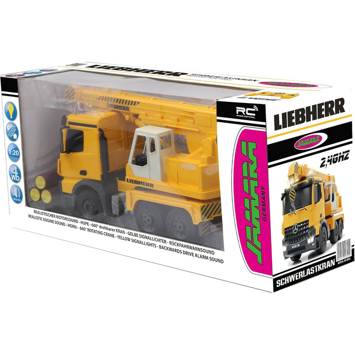 Потужний кран Mercedes Liebherr 120 2,4G - Висувний стріловий кран, поворот на 660, підйом/опускання тросу, жовті світлодіодні сигнальні вогні, реалістичні звуки, повнопривідний, 405034 -