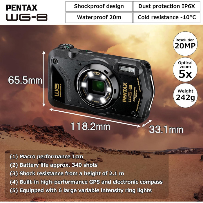 Чорна всепогодна пригодницька камера з чудовими водонепроникними, пило- та ударостійкими характеристиками, універсальним кільцевим освітленням для макрозйомки та функцією веб-камери, 8