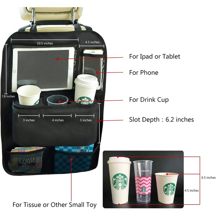 Автомобільний органайзер для заднього сидіння KALASONEER з iPad, телефоном, планшетом і 3 тримачами для чашок з ізоляційними матер