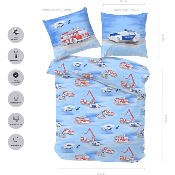 Дитяча постільна білизна Дитяча постільна білизна Пожежні та поліцейські машини - Наволочка 80x80 Підковдра 135x200 см - 100 бавовна (Renforc) Двостороння постільна білизна для хлопчиків та дівчаток
