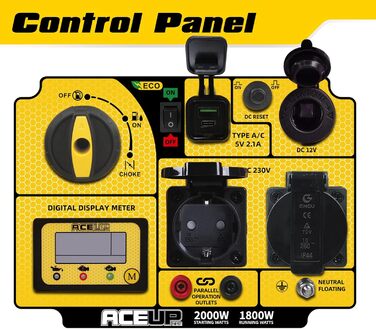 Інверторний генератор Aceup Energy 2000 Вт, бензиновий генератор з 230 В, 12 В, USB, цифровим дисплеєм, для кемпінгу на свіжому повітрі, супер тихий портативний 4-тактний інверторний бензиновий генератор потужністю 19,6 кг, потужністю 2000 Вт з інтелектуа