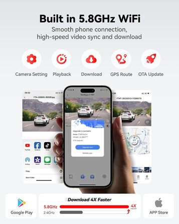 Відеореєстратор автомобільний передній задній, сенсорний екран 3.18 дюйма, голосове управління, вбудований 5.8 ГГц WiFi GPS, безко