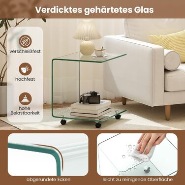 Журнальний столик COSTWAY із загартованого скла з колесами, С-подібний скляний стіл, тумбочка, столик для дивана, журнальний столик для вітальні, спальні, 45 x 40 x 48 см (прозорий) маленький (з колесами) прозорий 1