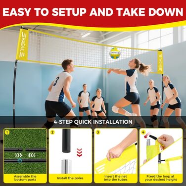 Волейбольна сітка BAGAIL 3,6 м / 6,1 м – портативна для заднього двору, регульована висота, міцна рама, окремостояча конструкція, набір для приміщень та вулиці, 12 футів