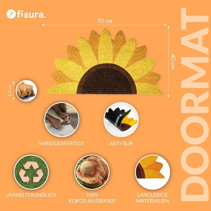 Килимок для вулиці з кокосом та соняшником з нековзною ПВХ-основою. Веселий килимок для привітання. Ручний розпис. Розмір 70 см x 40 см x 1,5 см. Жовтий.