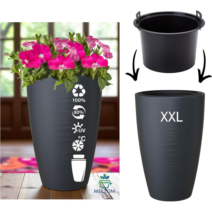 Квітковий горщик MELTOM зі знімною вставкою, круглий, горизонтальні смуги (антрацитовий, XXL-58 см) XXL-58 см антрацитовий