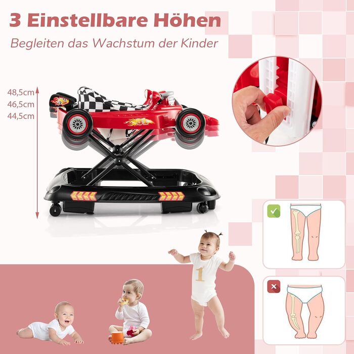 Складані дитячі ходунки, дизайн гоночного автомобіля, з 3 регульованими висотами, знімним музичним підносом та сидінням, допоміжний пристрій для ходьби для малюків 6-14 місяців (червоні)