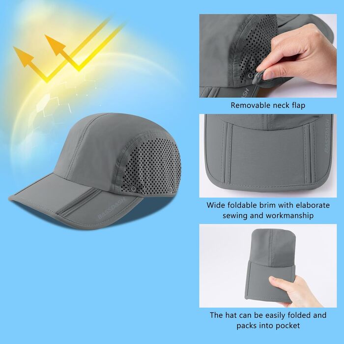 Складаний капелюх від сонця з UPF 50, портативний, для чоловіків і жінок, для гольфу, походів, один розмір, світло-сірий, зі складним козирем